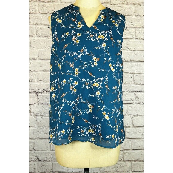 NWT Papermoon Teal Blue Floral Top‎ Dressy Sleeveless Blouse V Neck Tank SMALL - Picture 2 of 11